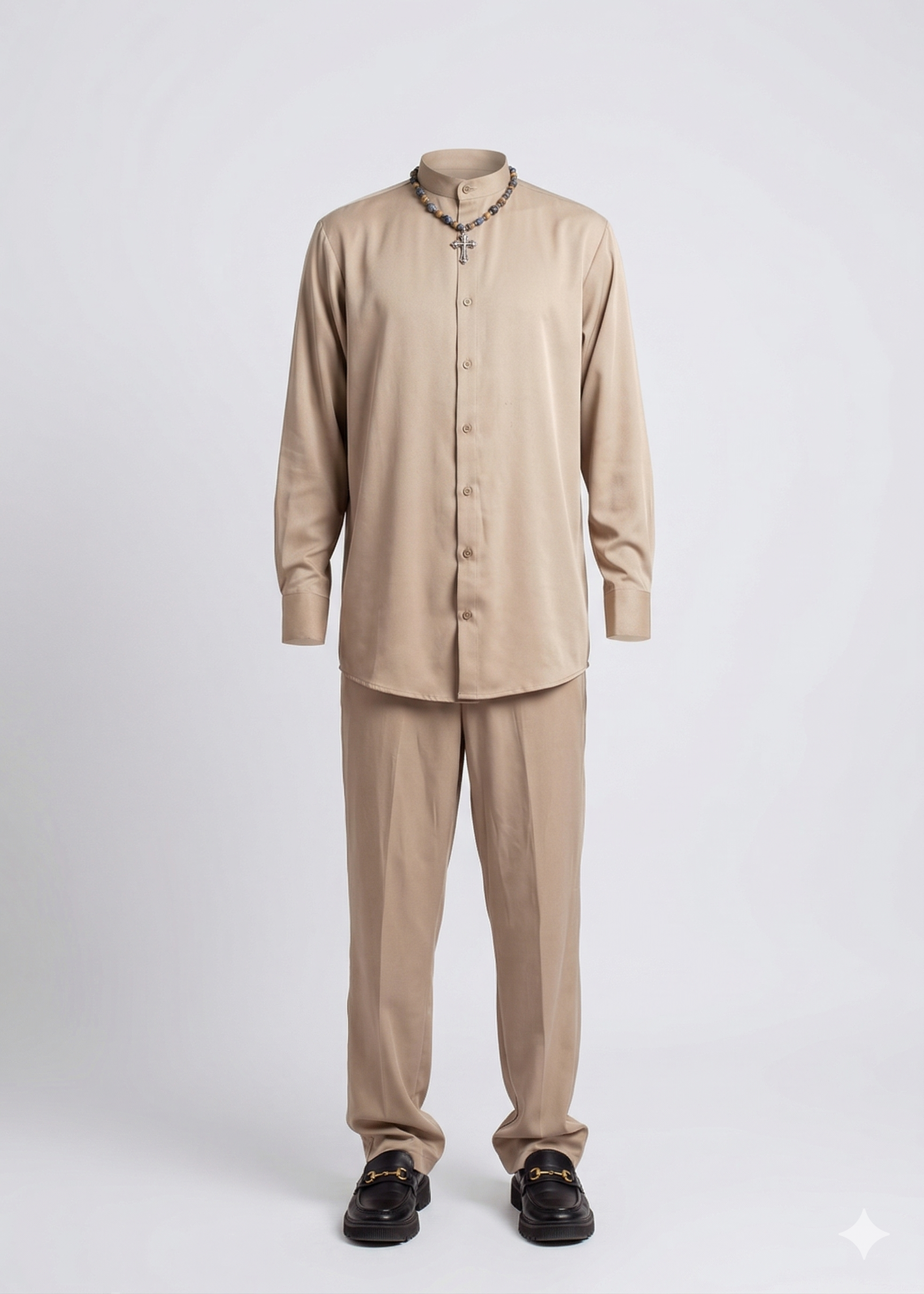 SAND MANDARIN COLLAR SHIRT & TROUSER SET