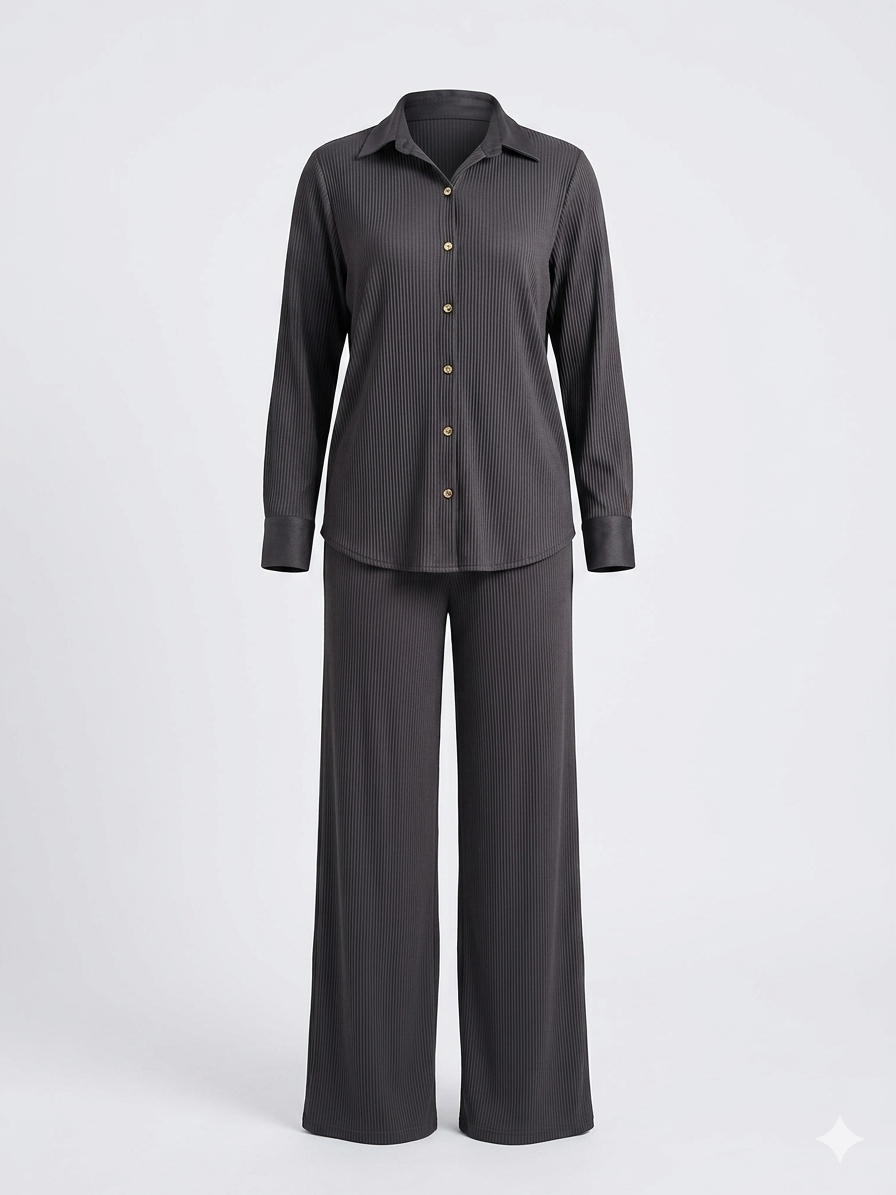 Dark gray shirt and wide-leg pants set on a white background