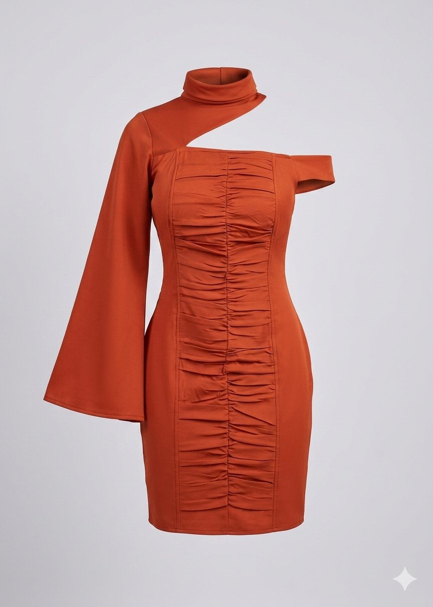 Rust Asymmetric Cut-Out Ruched Mini Dress