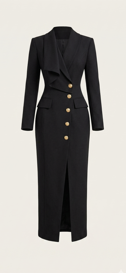 Black Gold-Button Blazer Midi Dress