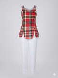Red Tartan Beaded Peplum Top & White Trousers Set