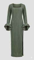 Sage Textured Square-Neck Ruffle Cuff Maxi Dress