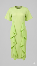 Lime Pleated Cascade Ruffle Midi Dress