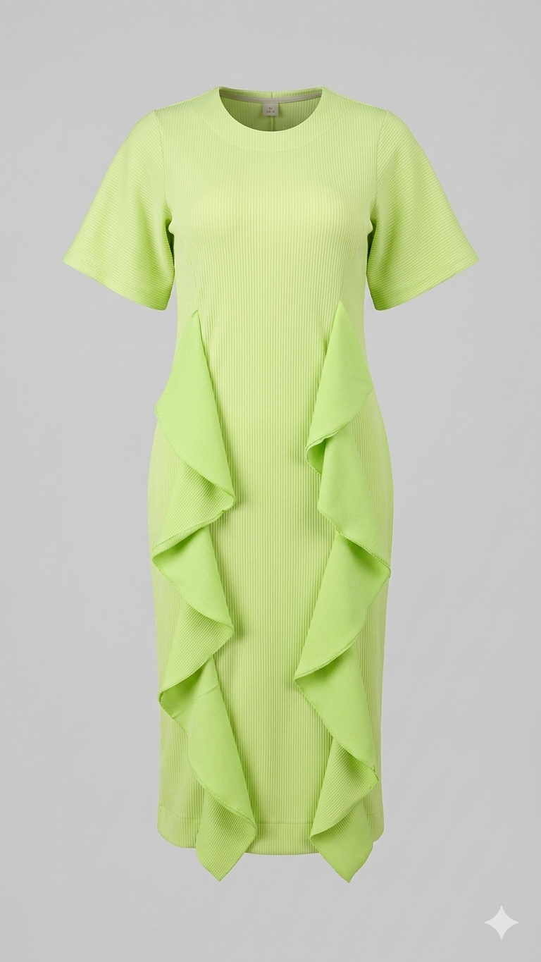 Lime Pleated Cascade Ruffle Midi Dress