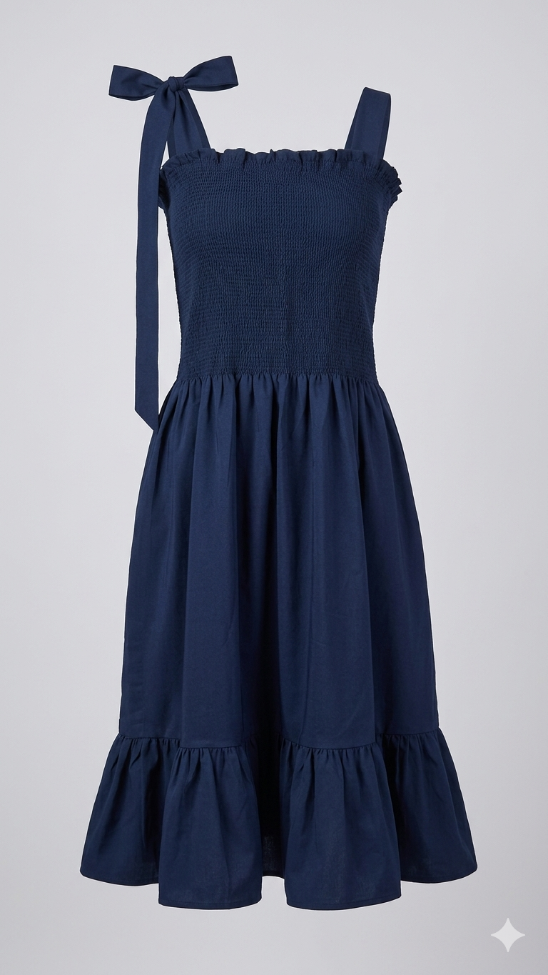 Navy Blue Smoky Thread Vacation Dress