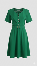 Emerald Pearl Button Belted Dress