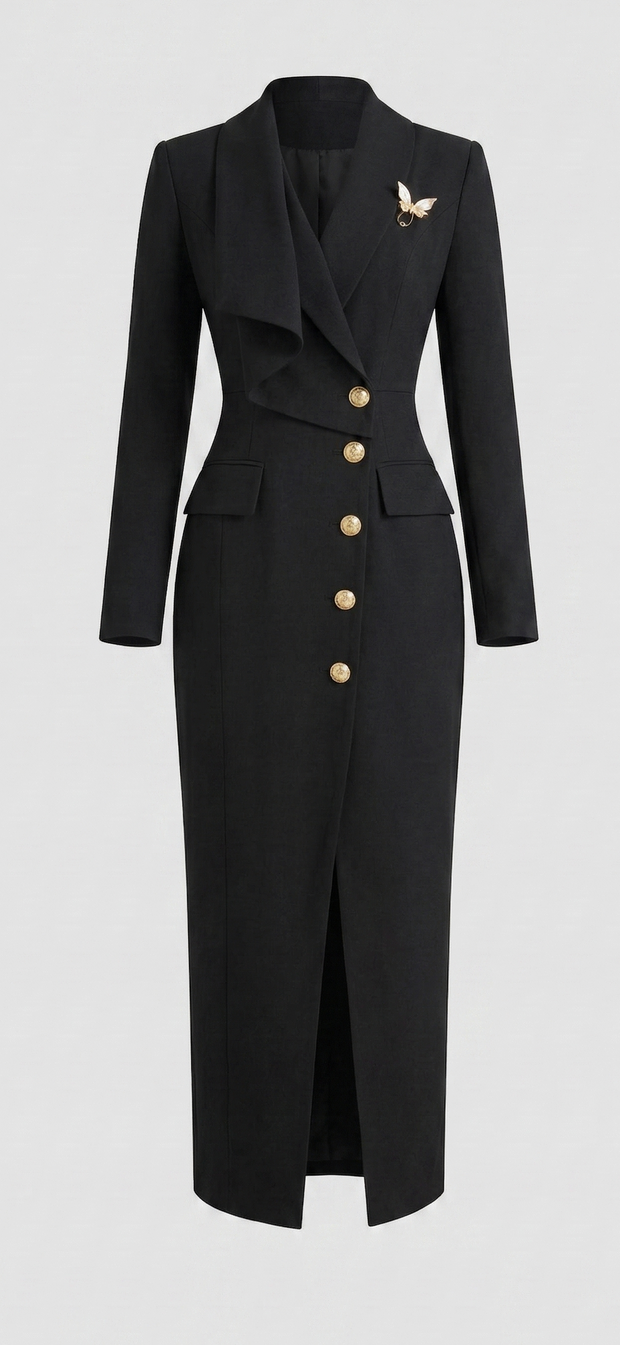 Black Gold-Button Blazer Midi Dress