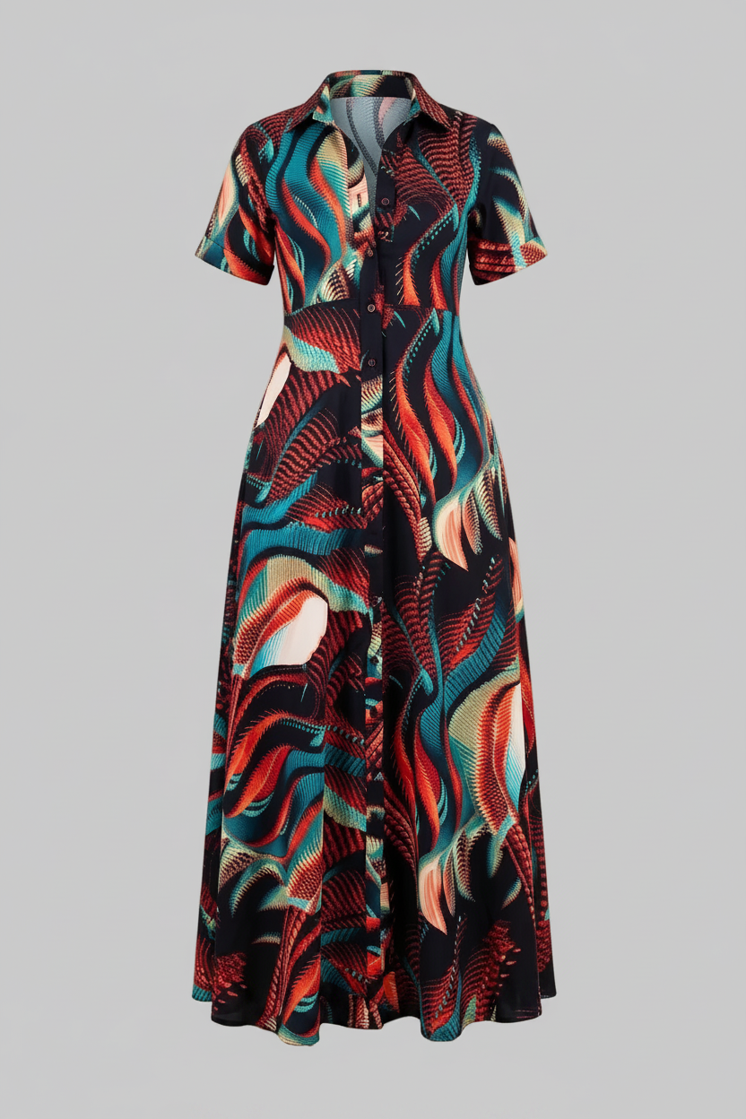 Abstract Wave Print Maxi Shirt Dress